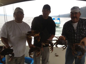 Aug.11,12 Larry Wesolowski of Nautical West Adventures hosted Lawrence, Todd, and Cory Marshall from Alberta out on a trip of a lifetime.  They caught 22 salmon, 3 halibut, and 30 crab.  Wow!  Congratualations everyone.  Great Job Skipper.  Anyone wishing to book a trip with Larry, please contact Ron. wakita@telus.net